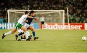 30 June 1990; Roberto Baggio of Italy in action against Kevin Moran of Republic of Ireland during the FIFA World Cup 1990 Quarter-Final match between Italy and Republic of Ireland at the Stadio Olimpico in Rome, Italy. Photo by Ray McManus/Sportsfile