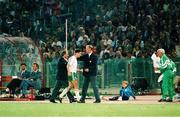 30 June 1990; John Aldridge of Republic of Ireland is greeted by manager Jack Charlton on being substituted during the FIFA World Cup 1990 Quarter-Final match between Italy and Republic of Ireland at the Stadio Olimpico in Rome, Italy. Photo by Ray McManus/Sportsfile