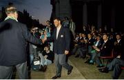 1 July 1990; Paul McGrath of Republic of Ireland is introduced by manager Jack Charlton during a homecoming reception on College Green in Dublin after their participation in the 1990 FIFA World Cup Finals in Italy. Photo by Ray McManus/Sportsfile