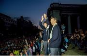 1 July 1990; David O'Leary of Republic of Ireland is introduced by manager Jack Charlton during a homecoming reception on College Green in Dublin after their participation in the 1990 FIFA World Cup Finals in Italy. Photo by Ray McManus/Sportsfile