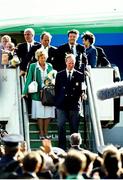 1 July 1990; Republic of Ireland manager Jack Charlton makes his way down the steps of the aircraft on his squad's arrival home for a homecoming reception after their participation in the 1990 FIFA World Cup Finals in Italy. Photo by Ray McManus/Sportsfile