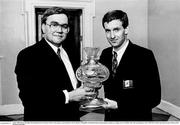 1 July 1990; Heiner Harding, Marketing Director of Galway Irish Crystal, makes a presentation to Kevin Sheedy of Republic of Ireland during a homecoming reception on College Green in Dublin after their participation in the 1990 FIFA World Cup Finals in Italy. Photo by Ray McManus/Sportsfile