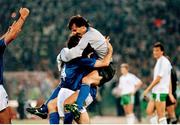 30 June 1990; Walter Zenga, right and team-mate Luigi Di Agostini of Italy celebrate after the FIFA World Cup 1990 Quarter-Final match between Italy and Republic of Ireland at the Stadio Olimpico in Rome, Italy. Photo by Ray McManus/Sportsfile