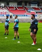2 July 2020; Ulster players, from right, Marty Moore, Adam McBurney and Sean Reidy during Ulster Rugby squad training at Kingspan Stadium in Belfast. Photo by Robyn McMurray for Ulster Rugby via Sportsfile