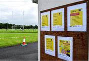 5 July 2020; Covid-19 signage is seen during the Senior Football Club Challenge match between Listry and Dromid Pearses at Listry GAA club in Listry, Kerry. GAA training and challenge matches continue to take place ahead of the official GAA restart of competitive matches from Friday 17 July in an effort to contain the spread of the coronavirus Covid-19 pandemic. Photo by Brendan Moran/Sportsfile