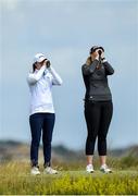 6 July 2020; Leona Maguire, left, and Olivia Mehaffey use their rangefinders on the 11th tee during the Flogas Irish Scratch Series at the Seapoint Golf Club in Termonfeckin, Louth. Photo by Seb Daly/Sportsfile