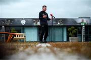 8 July 2020; Republic of Ireland manager Stephen Kenny speaking to Virgin Media Television during a press conference at FAI Headquarters in Abbotstown, Dublin. Photo by Stephen McCarthy/Sportsfile