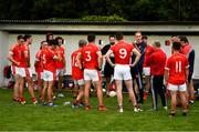 9 July 2020; Fingallians manager John Quinn speaks to his players at half-time during the Senior Football Club Challenge match between Fingallians and Clontarf at Lawless Memorial Park in Swords, Dublin. Photo by Stephen McCarthy/Sportsfile