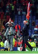 13 December 1995; Republic of Ireland manager Jack Charlton and assistant manager Maurice Setters say farewell to the irish supporters following the UEFA European Championship Group play-off match between Netherlands and Republic of Ireland at Anfield in Liverpool, England. Photo by David Maher/Sportsfile