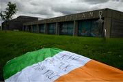 11 July 2020; A tribute is placed outside the FAI Headquarters in Abbotstown, Dublin, as a mark of respect to the passing of former Republic of Ireland manager Jack Charlton, who lead the Republic of Ireland team to their first major finals at UEFA Euro 1988, and subsequently the FIFA World Cup 1990, in Italy, and the FIFA World Cup 1994, in USA. Photo by Stephen McCarthy/Sportsfile