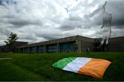 11 July 2020; A tribute is placed outside the FAI Headquarters in Abbotstown, Dublin, as a mark of respect to the passing of former Republic of Ireland manager Jack Charlton, who lead the Republic of Ireland team to their first major finals at UEFA Euro 1988, and subsequently the FIFA World Cup 1990, in Italy, and the FIFA World Cup 1994, in USA. Photo by Stephen McCarthy/Sportsfile