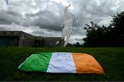 11 July 2020; A tribute is placed outside the FAI Headquarters in Abbotstown, Dublin, as a mark of respect to the passing of former Republic of Ireland manager Jack Charlton, who lead the Republic of Ireland team to their first major finals at UEFA Euro 1988, and subsequently the FIFA World Cup 1990, in Italy, and the FIFA World Cup 1994, in USA. Photo by Stephen McCarthy/Sportsfile