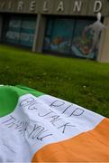 11 July 2020; A tribute is placed outside the FAI Headquarters in Abbotstown, Dublin, as a mark of respect to the passing of former Republic of Ireland manager Jack Charlton, who lead the Republic of Ireland team to their first major finals at UEFA Euro 1988, and subsequently the FIFA World Cup 1990, in Italy, and the FIFA World Cup 1994, in USA. Photo by Stephen McCarthy/Sportsfile