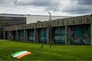 11 July 2020; A tribute is placed outside the FAI Headquarters in Abbotstown, Dublin, as a mark of respect to the passing of former Republic of Ireland manager Jack Charlton, who lead the Republic of Ireland team to their first major finals at UEFA Euro 1988, and subsequently the FIFA World Cup 1990, in Italy, and the FIFA World Cup 1994, in USA. Photo by Stephen McCarthy/Sportsfile