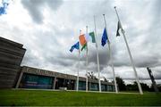 11 July 2020; Flags are flown at half-mast outside the FAI Headquarters in Abbotstown, Dublin, as a mark of respect to the passing of former Republic of Ireland manager Jack Charlton, who lead the Republic of Ireland team to their first major finals at UEFA Euro 1988, and subsequently the FIFA World Cup 1990, in Italy, and the FIFA World Cup 1994, in USA. Photo by Stephen McCarthy/Sportsfile