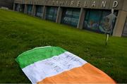 11 July 2020; A tribute is placed outside the FAI Headquarters in Abbotstown, Dublin, as a mark of respect to the passing of former Republic of Ireland manager Jack Charlton, who lead the Republic of Ireland team to their first major finals at UEFA Euro 1988, and subsequently the FIFA World Cup 1990, in Italy, and the FIFA World Cup 1994, in USA. Photo by Stephen McCarthy/Sportsfile