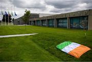 11 July 2020; A tribute is placed outside the FAI Headquarters in Abbotstown, Dublin, as a mark of respect to the passing of former Republic of Ireland manager Jack Charlton, who lead the Republic of Ireland team to their first major finals at UEFA Euro 1988, and subsequently the FIFA World Cup 1990, in Italy, and the FIFA World Cup 1994, in USA. Photo by Stephen McCarthy/Sportsfile