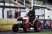 14 July 2020; Member of the groundstaff David Caldwell removes his tractor from the pitch ahead of a Club Friendly between Dundalk and Bohemians at Oriel Park in Dundalk, Louth. Photo by Ben McShane/Sportsfile