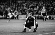 5 November 2017; (EDITORS NOTE: Image has been converted to black & white) Cork City goalkeeper Mark McNulty watches the big screen as teammate Kieran Sadlier scores the winning penalty during the Irish Daily Mail FAI Senior Cup Final match between Cork City and Dundalk at the Aviva Stadium in Dublin. Photo by Ramsey Cardy/Sportsfile