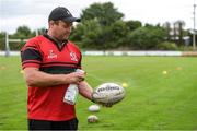 17 July 2020; Head coach David Hanlon sanitises the ball before Tullamore Women's RFC Squad Training Session. Ahead of the Contact Rugby Stage of the IRFU’s Return to Rugby Guidelines commencing on Monday 20th July, the Tullamore women's squad returned to non-contact training this week at Tullamore Rugby Football Club in Tullamore, Offaly. The Contact Rugby Stage will also see the relaunch of the Bank of Ireland Leinster Rugby Summer Camps in 21 venues across the province. Photo by Matt Browne/Sportsfile