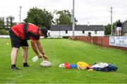 17 July 2020; Head coach David Hanlon sanitises the ball before Tullamore Women's RFC Squad Training Session. Ahead of the Contact Rugby Stage of the IRFU’s Return to Rugby Guidelines commencing on Monday 20th July, the Tullamore women's squad returned to non-contact training this week at Tullamore Rugby Football Club in Tullamore, Offaly. The Contact Rugby Stage will also see the relaunch of the Bank of Ireland Leinster Rugby Summer Camps in 21 venues across the province. Photo by Matt Browne/Sportsfile