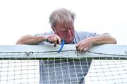 17 July 2020; Offaly groundsman and chief steward Jim Kelly, from Ballycumber, prepares the goalnets before the Leinster GAA Colleges Senior A Football Final match between Naas CBS and St Joseph's SS, Rochfortbridge at Bord na Móna O'Connor Park in Tullamore, Offaly. Competitive GAA matches have been approved to return following the guidelines of Phase 3 of the Irish Government’s Roadmap for Reopening of Society and Business and protocols set down by the GAA governing authorities. With games having been suspended since March, competitive games can take place with updated protocols including a limit of 200 individuals at any one outdoor event, including players, officials and a limited number of spectators, with social distancing, hand sanitisation and face masks being worn by those in attendance among other measures in an effort to contain the spread of the Coronavirus (COVID-19) pandemic. Photo by Piaras Ó Mídheach/Sportsfile