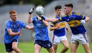 17 July 2020; Devin Hill of St Joseph's SS, centre, supported by team-mate Shane Fleming, in action against against Paddy Kelly of Naas CBS during the Leinster GAA Colleges Senior A Football Final match between Naas CBS and St Joseph's SS, Rochfortbridge at Bord na Móna O'Connor Park in Tullamore, Offaly. Competitive GAA matches have been approved to return following the guidelines of Phase 3 of the Irish Government’s Roadmap for Reopening of Society and Business and protocols set down by the GAA governing authorities. With games having been suspended since March, competitive games can take place with updated protocols including a limit of 200 individuals at any one outdoor event, including players, officials and a limited number of spectators, with social distancing, hand sanitisation and face masks being worn by those in attendance among other measures in an effort to contain the spread of the Coronavirus (COVID-19) pandemic. Photo by Piaras Ó Mídheach/Sportsfile