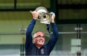 17 July 2020; St Joseph's SS manager Luke Dempsey lifts the cup after the Leinster GAA Colleges Senior A Football Final match between Naas CBS and St Joseph's SS, Rochfortbridge at Bord na Móna O'Connor Park in Tullamore, Offaly. Competitive GAA matches have been approved to return following the guidelines of Phase 3 of the Irish Government’s Roadmap for Reopening of Society and Business and protocols set down by the GAA governing authorities. With games having been suspended since March, competitive games can take place with updated protocols including a limit of 200 individuals at any one outdoor event, including players, officials and a limited number of spectators, with social distancing, hand sanitisation and face masks being worn by those in attendance among other measures in an effort to contain the spread of the Coronavirus (COVID-19) pandemic. Photo by Piaras Ó Mídheach/Sportsfile