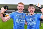 17 July 2020; St Joseph's SS players Shane Fleming, left, and Jack Torpey celebrate after the Leinster GAA Colleges Senior A Football Final match between Naas CBS and St Joseph's SS, Rochfortbridge at Bord na Móna O'Connor Park in Tullamore, Offaly. Competitive GAA matches have been approved to return following the guidelines of Phase 3 of the Irish Government’s Roadmap for Reopening of Society and Business and protocols set down by the GAA governing authorities. With games having been suspended since March, competitive games can take place with updated protocols including a limit of 200 individuals at any one outdoor event, including players, officials and a limited number of spectators, with social distancing, hand sanitisation and face masks being worn by those in attendance among other measures in an effort to contain the spread of the Coronavirus (COVID-19) pandemic. Photo by Piaras Ó Mídheach/Sportsfile