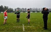 17 July 2020; Team captains Brendan Marsden of St Michael's, left, and Aaron McLaughlin of East Belfast watch as referee Gregory McCartan does the toin coss prior to the 2020 Down GAA ACFL Division 4B match between St Michael's and East Belfast at St Michael's GAA Ground in Magheralin, Down. Competitive GAA matches have been approved to return following the guidelines of Northern Ireland’s COVID-19 recovery plan and protocols set down by the GAA governing authorities. With games having been suspended since March, competitive games can take place with updated protocols with only players, officials and essential personnel permitted to attend, social distancing, hand sanitisation and face masks being worn by those in attendance in an effort to contain the spread of the Coronavirus (COVID-19) pandemic. Photo by David Fitzgerald/Sportsfile