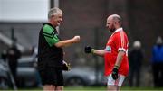 17 July 2020; Referee Gregory McCartan and Brian Morgan of St Michael's following the 2020 Down GAA ACFL Division 4B match between St Michael's and East Belfast at St Michael's GAA Ground in Magheralin, Down. Competitive GAA matches have been approved to return following the guidelines of Northern Ireland’s COVID-19 recovery plan and protocols set down by the GAA governing authorities. With games having been suspended since March, competitive games can take place with updated protocols with only players, officials and essential personnel permitted to attend, social distancing, hand sanitisation and face masks being worn by those in attendance in an effort to contain the spread of the Coronavirus (COVID-19) pandemic. Photo by David Fitzgerald/Sportsfile