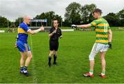 17 July 2020; Referee David Coldrick with team captains Ciarán Ó Fearraigh of Ratoath, left, and Patrick Farrelly of Syddan prior to the start of the Meath County Senior Football League Division 1 Group C Round 1 match between Ratoath and Syddan at Sean Eiffe Park in Ratoath, Meath. Competitive GAA matches have been approved to return following the guidelines of Phase 3 of the Irish Government’s Roadmap for Reopening of Society and Business and protocols set down by the GAA governing authorities. With games having been suspended since March, competitive games can take place with updated protocols including a limit of 200 individuals at any one outdoor event, including players, officials and a limited number of spectators, with social distancing, hand sanitisation and face masks being worn by those in attendance among other measures in an effort to contain the spread of the Coronavirus (COVID-19) pandemic. Photo by Seb Daly/Sportsfile