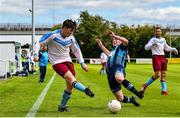 18 July 2020; Jack Rogers of Spartak Dynamo FC in action against Dylan Garrett of St. Mochta's FC during the Leinster Senior League Division 3A match between St. Mochta's FC and Spartak Dynamo FC at Porterstown Park in Dublin. Photo by Ramsey Cardy/Sportsfile
