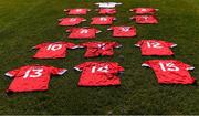 18 July 2020; The jerseys for the Athy starting 15 laid out on the grass before the Kildare County Senior Football League Division 1 Section B Round 1 match between Athy and Sarsfields at Athy GAA Club in Athy in Kildare. Competitive GAA matches have been approved to return following the guidelines of Phase 3 of the Irish Government’s Roadmap for Reopening of Society and Business and protocols set down by the GAA governing authorities. With games having been suspended since March, competitive games can take place with updated protocols including a limit of 200 individuals at any one outdoor event, including players, officials and a limited number of spectators, with social distancing, hand sanitisation and face masks being worn by those in attendance among other measures in an effort to contain the spread of the Coronavirus (COVID-19) pandemic. Photo by Piaras Ó Mídheach/Sportsfile