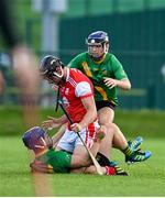 18 July 2020; Mark Shuutte of Cuala tussles with David Keogh, below, and Eanna O'Toole of Thomas Davis during the Dublin County Senior Hurling Championship Group 4 Round 1 match between Cuala and Thomas Davis at Bray Emmets GAA club in Bray, Wicklow. Competitive GAA matches have been approved to return following the guidelines of Phase 3 of the Irish Government’s Roadmap for Reopening of Society and Business and protocols set down by the GAA governing authorities. With games having been suspended since March, competitive games can take place with updated protocols including a limit of 200 individuals at any one outdoor event, including players, officials and a limited number of spectators, with social distancing, hand sanitisation and face masks being worn by those in attendance among other measures in an effort to contain the spread of the Coronavirus (COVID-19) pandemic. Photo by Ramsey Cardy/Sportsfile