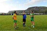 18 July 2020; Referee Shane Toolan with team captains Michael McGuire of Naomh Columba, left, and John Ross Molloy of Ardara during the coin toss prior to the Donegal County Divisional League Division 1 Section B match between Naomh Columba and Ardara at Páirc na nGael in Glencolumbkille, Donegal. Competitive GAA matches have been approved to return following the guidelines of Phase 3 of the Irish Government’s Roadmap for Reopening of Society and Business and protocols set down by the GAA governing authorities. With games having been suspended since March, competitive games can take place with updated protocols including a limit of 200 individuals at any one outdoor event, including players, officials and a limited number of spectators, with social distancing, hand sanitisation and face masks being worn by those in attendance among other measures in an effort to contain the spread of the Coronavirus (COVID-19) pandemic. Photo by Seb Daly/Sportsfile