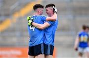 17 July 2020; St Joseph's SS players Liam Moran, left, and Aaron Kelleghan celebrate after the Leinster GAA Colleges Senior A Football Final match between Naas CBS and St Joseph's SS, Rochfortbridge at Bord na Móna O'Connor Park in Tullamore, Offaly. Competitive GAA matches have been approved to return following the guidelines of Phase 3 of the Irish Government’s Roadmap for Reopening of Society and Business and protocols set down by the GAA governing authorities. With games having been suspended since March, competitive games can take place with updated protocols including a limit of 200 individuals at any one outdoor event, including players, officials and a limited number of spectators, with social distancing, hand sanitisation and face masks being worn by those in attendance among other measures in an effort to contain the spread of the Coronavirus (COVID-19) pandemic. Photo by Piaras Ó Mídheach/Sportsfile