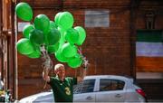 21 July 2020; Republic of Ireland supporter Davy Keogh arrives with ballons at The Iveagh Trust Kevin Street in Dublin during a rememberance for Jack Charlton on the day of his funeral in Newcastle, England. The former Republic of Ireland manager Jack Charlton lead the Republic of Ireland team to their first major finals at UEFA Euro 1988, and subsequently the FIFA World Cup 1990, in Italy, and the FIFA World Cup 1994, in USA.  Photo by Stephen McCarthy/Sportsfile