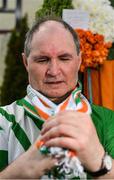 21 July 2020; Republic of Ireland supporter Colin Dean, from Walkinstown, Dublin, pauses in front of a wreath at the Walkinstown Roundabout in Dublin to remember Jack Charlton on the day of his funeral in Newcastle, England. The former Republic of Ireland manager Jack Charlton lead the Republic of Ireland team to their first major finals at UEFA Euro 1988, and subsequently the FIFA World Cup 1990, in Italy, and the FIFA World Cup 1994, in USA. Photo by Seb Daly/Sportsfile