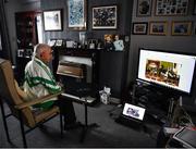 21 July 2020; Former Republic of Ireland squad kit manager Charlie O'Leary watches the broadcast of Jack Charlton’s funeral service, in West Road Crematorium, at his home in Dublin. The former Republic of Ireland manager Jack Charlton lead the Republic of Ireland team to their first major finals at UEFA Euro 1988, and subsequently the FIFA World Cup 1990, in Italy, and the FIFA World Cup 1994, in USA.  Photo by Ray McManus/Sportsfile