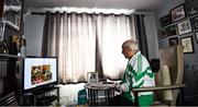 21 July 2020; Former Republic of Ireland squad kit manager Charlie O'Leary watches the broadcast of Jack Charlton’s funeral service, in West Road Crematorium, at his home in Dublin. The former Republic of Ireland manager Jack Charlton lead the Republic of Ireland team to their first major finals at UEFA Euro 1988, and subsequently the FIFA World Cup 1990, in Italy, and the FIFA World Cup 1994, in USA.  Photo by Ray McManus/Sportsfile