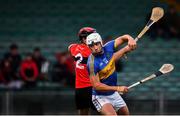23 July 2020; Aaron Gillane of Patrickswell in action against David Connolly of Adare during the Limerick County Senior Hurling Championship Round 1 match between Patrickswell and Adare at LIT Gaelic Grounds in Limerick. Competitive GAA matches have been approved to return following the guidelines of Phase 3 of the Irish Government’s Roadmap for Reopening of Society and Business and protocols set down by the GAA governing authorities. With games having been suspended since March, competitive games can take place with updated protocols including a limit of 200 individuals at any one outdoor event, including players, officials and a limited number of spectators, with social distancing, hand sanitisation and face masks being worn by those in attendance among other measures in an effort to contain the spread of the Coronavirus (COVID-19). Photo by Sam Barnes/Sportsfile