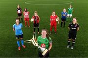 24 July 2020; Ahead of 2020 season kicking off, the Women's National League confirmed Barretstown as its first ever charity partner. With captains from the nine clubs represented at a photocall, the Irish charity which caters for children with serious illness will be officially endorsed by the League for the upcoming campaign. Peamount United vice-captain Eleanor Ryan-Doyle, centre, with from left, DLR Waves captain Catherine Cronin, Galway WFC captain Keara Cormican, back, Treaty United captain Marie Curtin, Bohemians captain Niamh Kenna, Shelbourne captain Pearl Slattery, Athlone Town captain Paula Doran, Cork City captain Maria O'Sullivan, back, and Wexford Youths captain Kylie Murphy in attendance during the announement at FAI Headquarters in Abbotstown, Dublin. Photo by Stephen McCarthy/Sportsfile