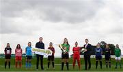 24 July 2020; Ahead of 2020 season kicking off, the Women's National League confirmed Barretstown as its first ever charity partner. With captains from the nine clubs represented at a photocall, the Irish charity which caters for children with serious illness will be officially endorsed by the League for the upcoming campaign. Barretstown Corporate Fundraising Manager Kevin Dempsey, left, and League of Ireland Director Mark Scanlon, right, with, from left, Galway WFC captain Keara Cormican, Treaty United captain Marie Curtin, DLR Waves captain Catherine Cronin, Bohemians captain Niamh Kenna, Peamount United vice-captain Eleanor Ryan-Doyle, Shelbourne captain Pearl Slattery, Athlone Town captain Paula Doran, Wexford Youths captain Kylie Murphy and Cork City captain Maria O'Sullivan in attendance during the announement at FAI Headquarters in Abbotstown, Dublin. Photo by Stephen McCarthy/Sportsfile