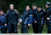 6 January 2004; Leinster captain Reggie Corrigan, third from left, shares a joke with team-mates, from left, Shane Byrne, Des Dillon, John McWeeney, Darren Molloy and Malcolm O'Kelly during squad training. Leinster Squad Training, Old Belvedere Rugby Club, Donnybrook, Dublin. Picture credit; Matt Browne / SPORTSFILE *EDI*