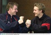 1 October 2003; Daragh Sheridan, right, Longford Town, with his brother Declan, Galway United, pictured before both teams meet in the Carlsberg FAI Cup semi-final. Picture credit; David Maher / SPORTSFILE *EDI*