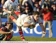 11 January 2004; Andy Ward, Ulster, dives over for his second try of the game against Leicester Tigers. Heineken European Cup 2003-2004, Round 3, Pool 1, Ulster v Leicester Tigers, Ravenhill, Belfast. Picture credit; Matt Browne / SPORTSFILE *EDI*