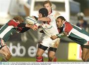11 January 2004; David Humphreys, Ulster, is tackled by Sam Vesty, left, and Leon Lloyd, Leicester Tigers. Heineken European Cup 2003-2004, Round 3, Pool 1, Ulster v Leicester Tigers, Ravenhill, Belfast. Picture credit; Matt Browne / SPORTSFILE *EDI*