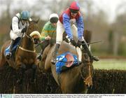 11 January 2004; Emotional Moment, with Barry Geraghty up, clears the last ahead of Stashedaway, Ruby Walsh up, left, and Yeoman's Point, Conor O'Dwyer up, centre, on their way to winning the Paddy Fitzpatrick Memorial Novice Steeplechase, Leopardstown Racecourse, Dublin. Picture credit; Pat Murphy / SPORTSFILE *EDI*