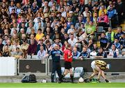 29 June 2013; Dublin selector Ciarán Hetherton pleads his innocence to referee Barry Kelly after a player falls over the sideline. Leinster GAA Hurling Senior Championship, Semi-Final Replay, Kilkenny v Dublin, O'Moore Park, Portlaoise, Co. Laois. Picture credit: Ray McManus / SPORTSFILE